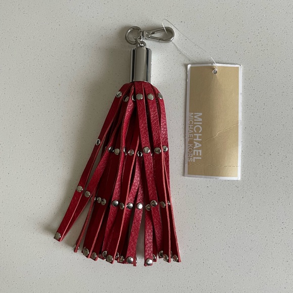 Michael Kors Other - NWT Michael Kors Studded Tassel Key Chain Fob Bag Charm Silver/Red Leather